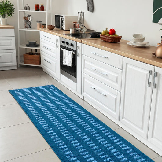 Tappeto Cucina Morbido 3D Assorbente Lavabile Antiscivolo Passatoia Bordata A Righe 57x230 Blu