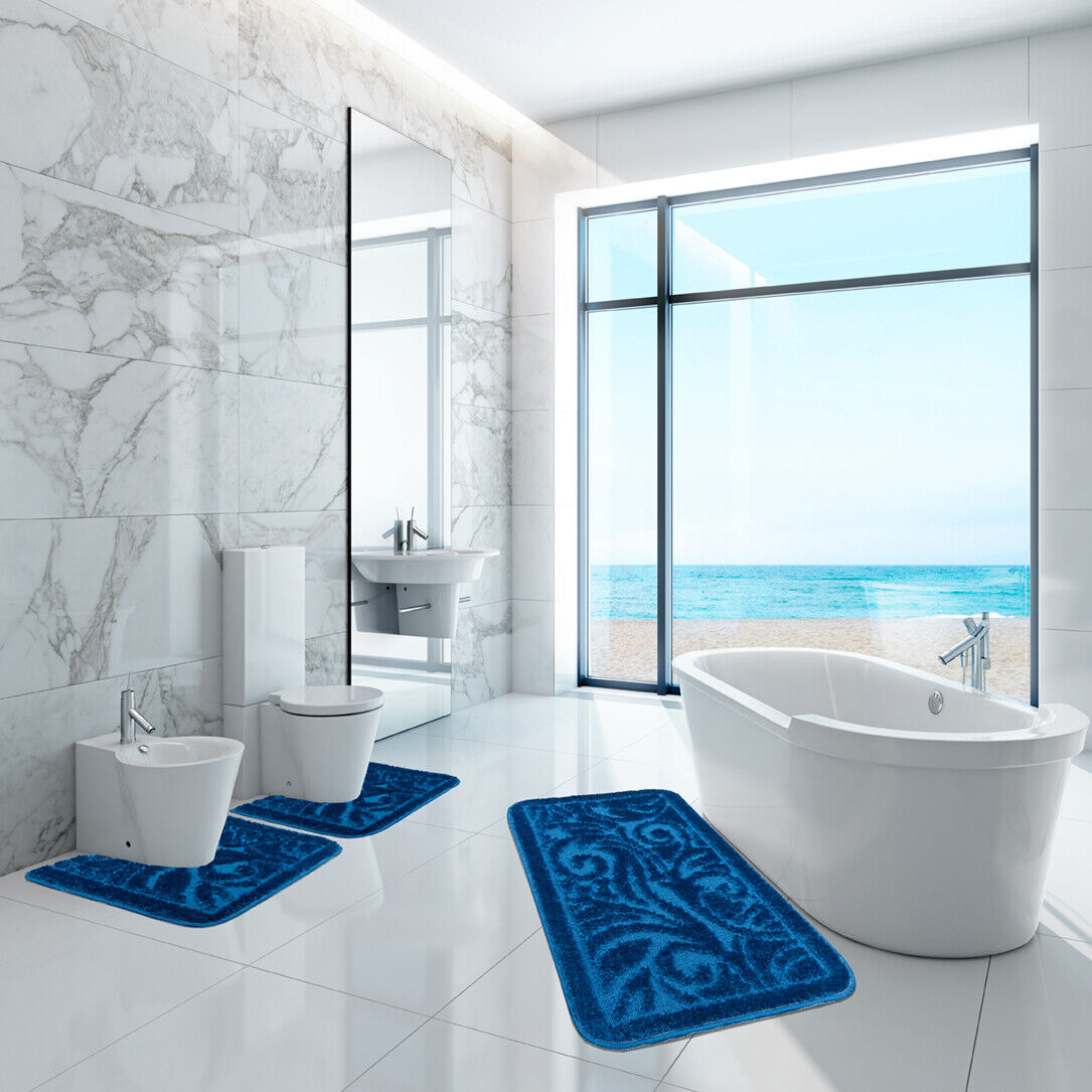 Tappeto Bagno Damascato Parure Blu Morbido Soffice Assorbente Antiscivolo Lavabile