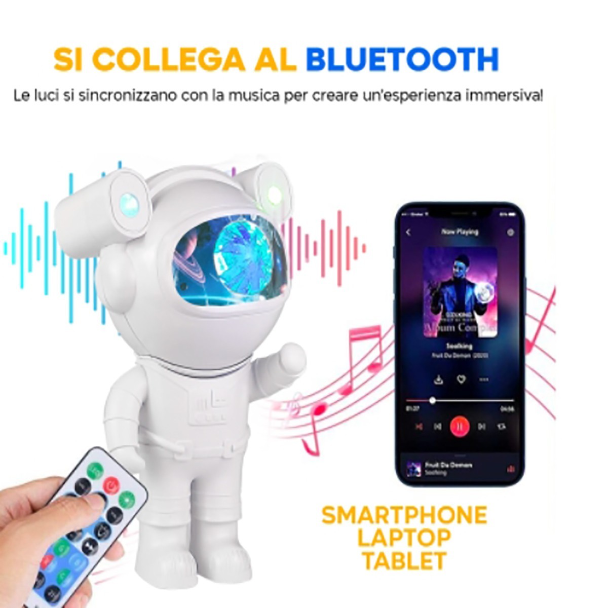 PROIETTORE ASTRONAUTA LUCE NOTTURNA SPEAKER BLUETOOTH CAMERETTA RGB TELECOMANDO