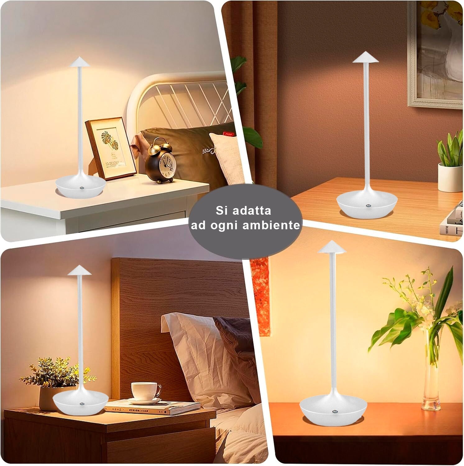 Lampada Touch Led Regolabile Abat Jour Moderna Comodino Tavolo Scrivania No Fili Ricarica Usb Bianca