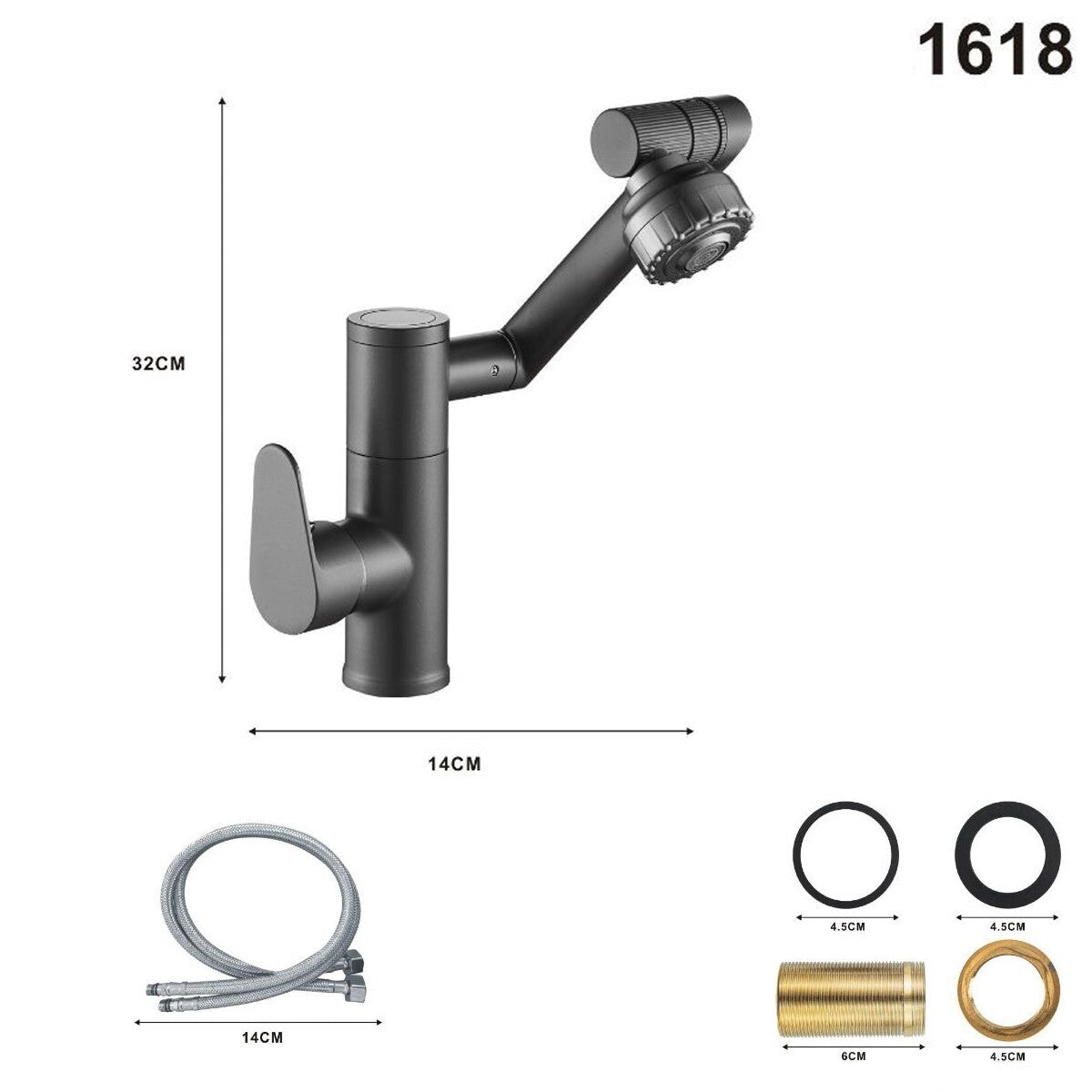 RUBINETTO MISCELATORE CUCINA NERO MONOCOMANDO ROTAZIONE 360° BRACCIO 1618