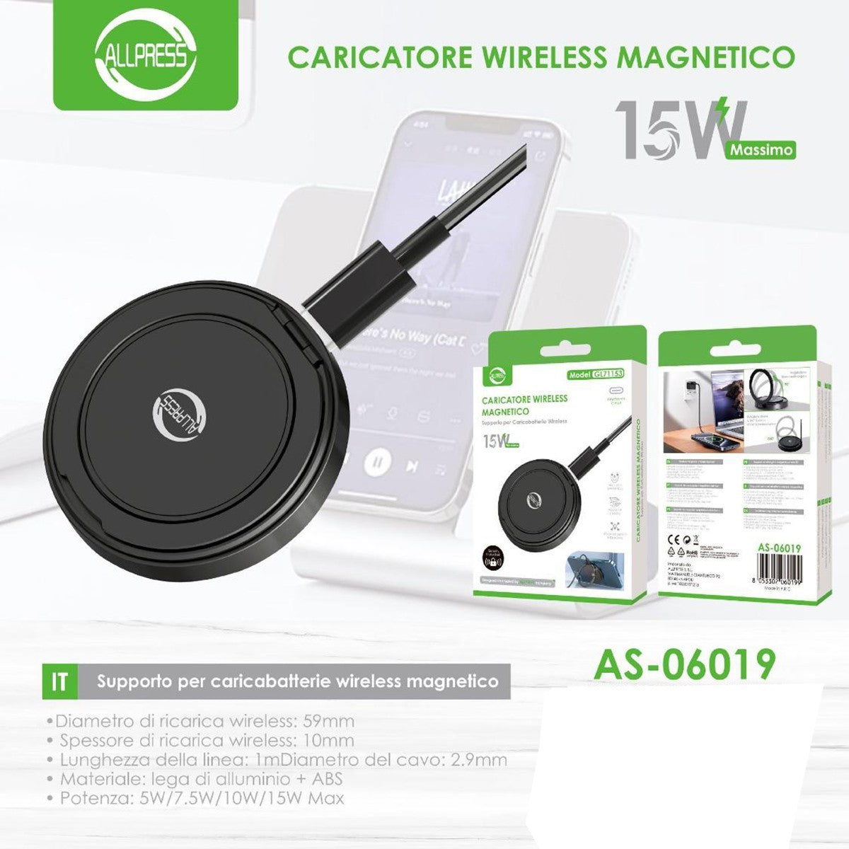 CARICATORE WIRELESS MAGNETICO 15W RICARICA RAPIDA PER SMARTPHONE UNIVERSALE