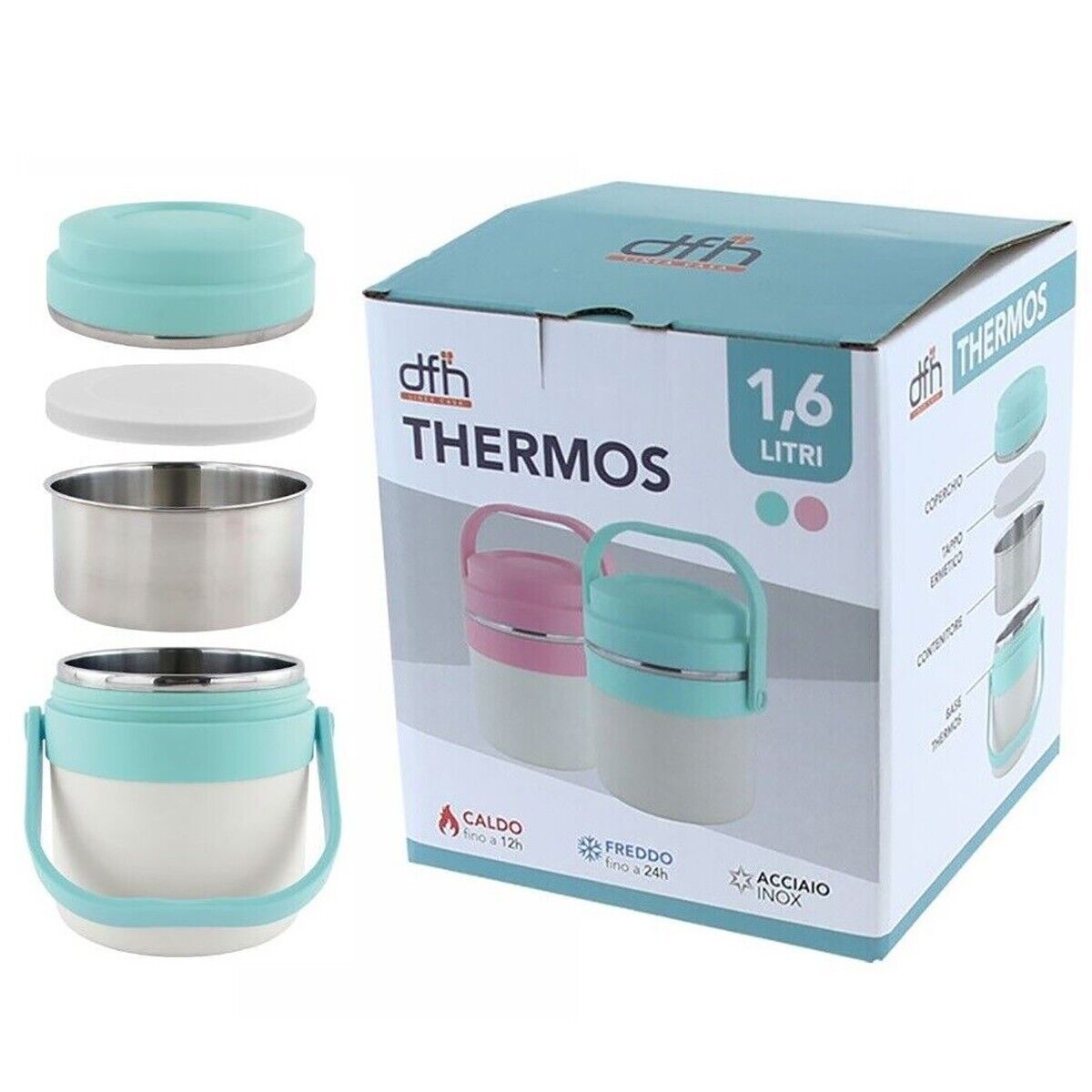 PORTAVIVANDE THERMOS CONTENITORE PORTA PRANZO TERMICO ACCIAIO BORSA TERMICA 1.6L