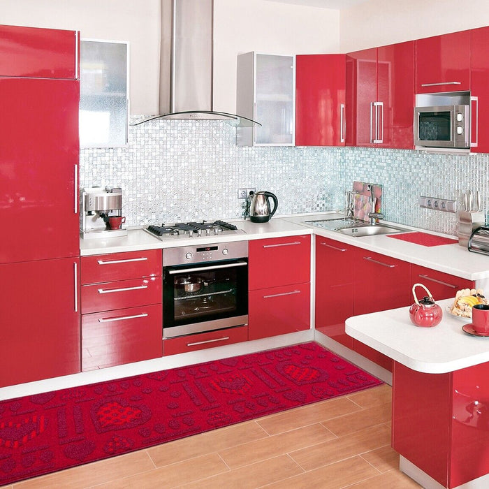 Tappeto Cucina Antiscivolo Cuori Lavabile Moderno Assorbente Bordeaux 57x170 cm