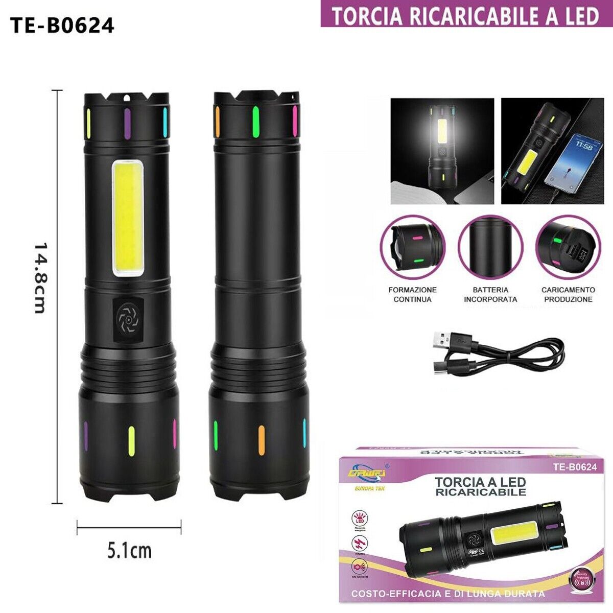TORCIA RICARICABILE LED LATERALE COB USB POTENTE BATTERIA PORTATILE TE-B0624