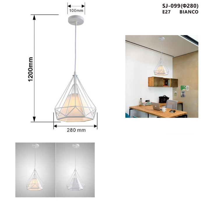 LAMPADARIO GABBIA METALLO INDUSTRIALE RETRO E27 PENDENTE VINTAGE BIANCO SJ-099