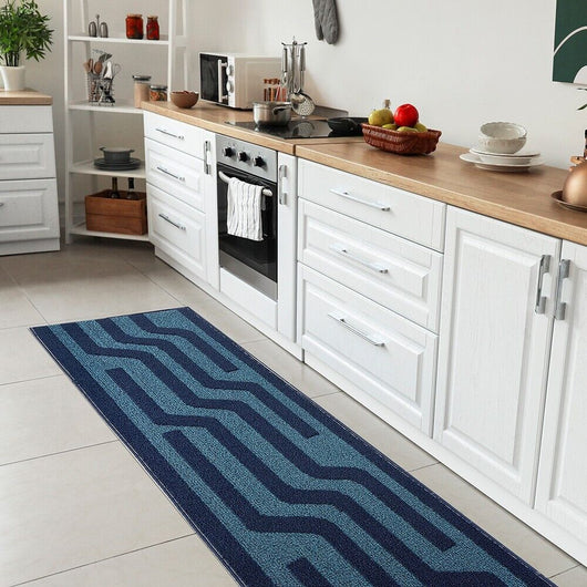 Tappeto Cucina A Righe 50x100 Cm 3D Morbido Bordato Passatoia Ingresso Assorbente Antiscivolo Blu