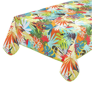 Tovaglia Antimacchia Bordata Copritavolo Foglie Palme Multicolore Cotone Plastificato - 135x230 Cm