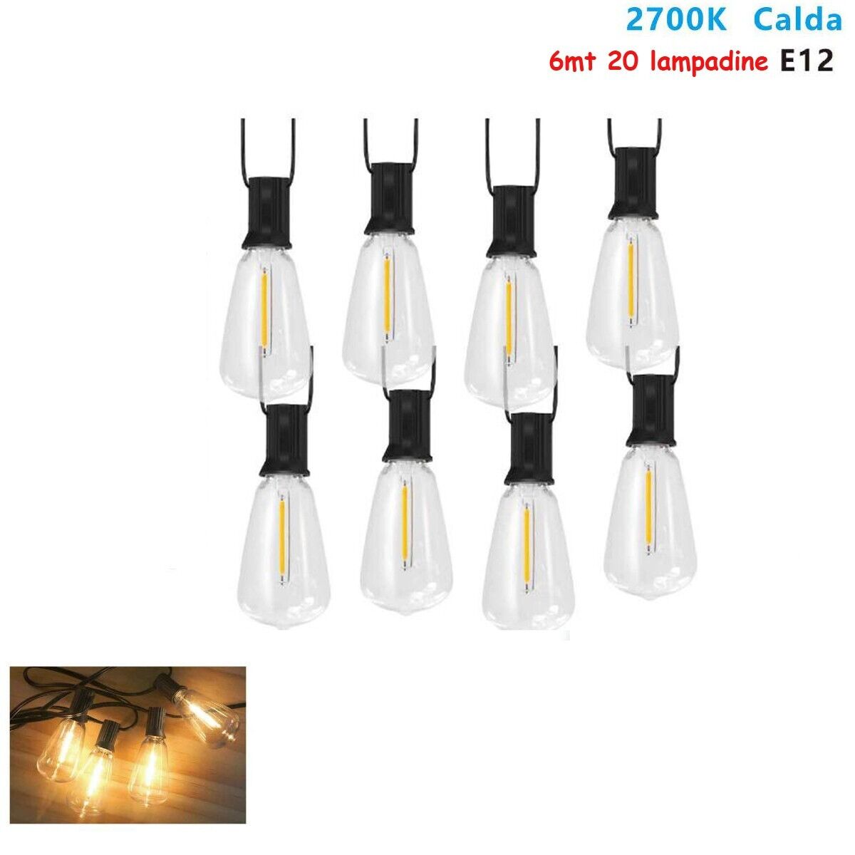 CATENARIA CATENA LUMINOSA 6MT CON 20 LAMPADINE E12 ESTERNO LUCE CALDA 2700K