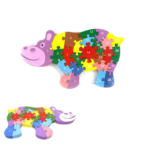 PUZZLE 3D IN LEGNO GIOCO EDUCATIVO NUMERI LETTERE BAMBINI FORMA IPPOPOTAMO 52261