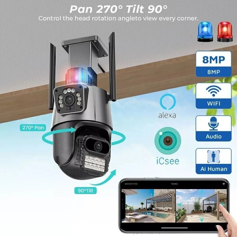 Telecamera di Sicurezza WiFi 4K PTZ Impermeabile IP66 Doppio Obiettivo APP ICSEE