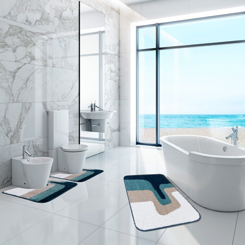 Tappeto Bagno Scendiletto Pelo Raso Morbido Assorbente Antiscivolo Lavabile Set 3 Pezzi Blu