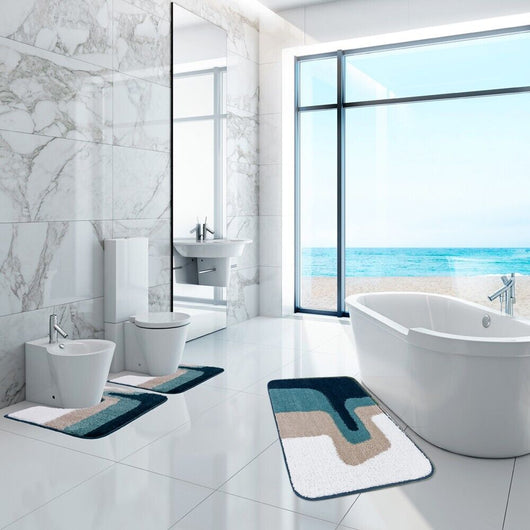 Tappeto Bagno Scendiletto Pelo Raso Morbido Assorbente Antiscivolo Lavabile Set 3 Pezzi Blu