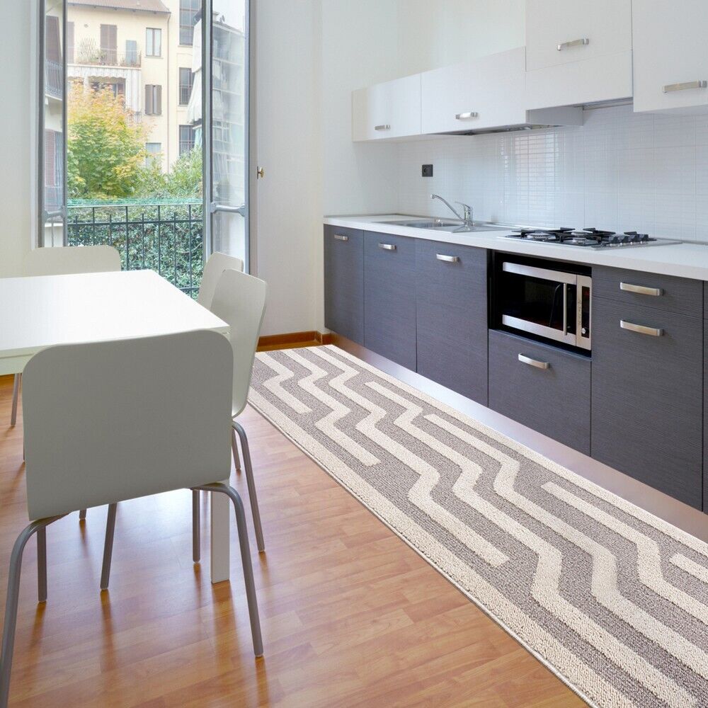 Tappeto Cucina A Righe 57x240 Cm 3D Morbido Bordato Passatoia Ingresso Assorbente Antiscivolo Beige