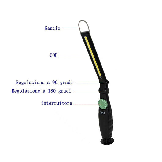 TORCIA LED PORTATILE LAMPADA LAVORO A BATTERIA MAGNETE GANCIO INCLINABILE TE-206
