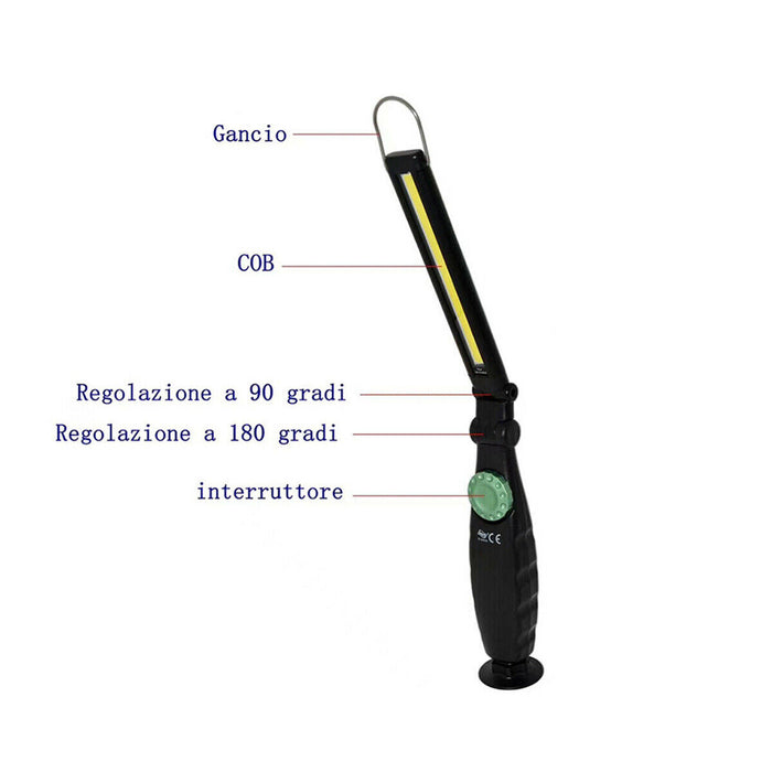 TORCIA LED PORTATILE LAMPADA LAVORO A BATTERIA MAGNETE GANCIO INCLINABILE TE-206