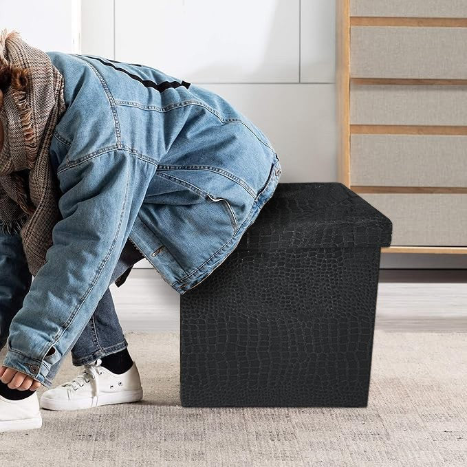 Cassapanca Contenitore Pouf Panca Poggiapiedi Similpelle Pelle Finta Coccodrillo 38x38x38 cm Nera