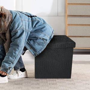 Cassapanca Contenitore Pouf Panca Poggiapiedi Similpelle Pelle Finta Coccodrillo 38x38x38 cm Nera