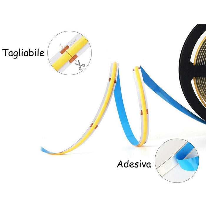 STRISCIA COB LED ADESIVA 5M LUCE CALDA 40W TAGLIABILE FLESSIBILE COB320 12V