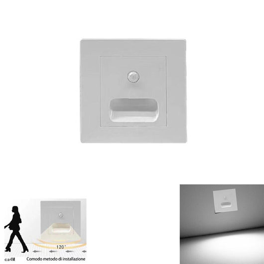 LUCE NOTTURNA SEGNAPASSO LED QUADRATO BIANCO SENSORE MOVIMENTO LUCE FREDDA 6000K