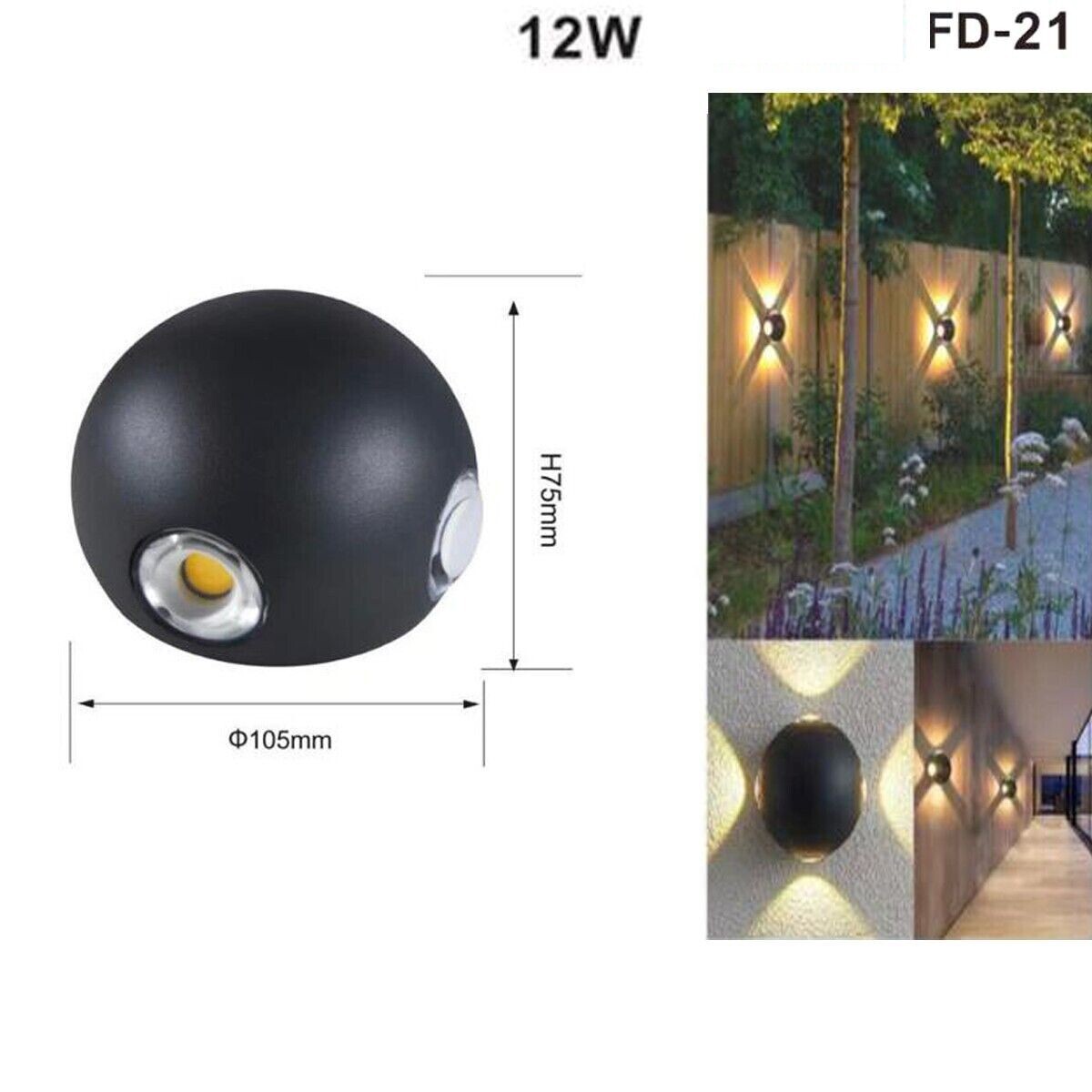 APPLIQUE LED 4 COB LAMPADA PARETE ROTONDO 12W NERO NATURALE 4000K ESTERNO 21*