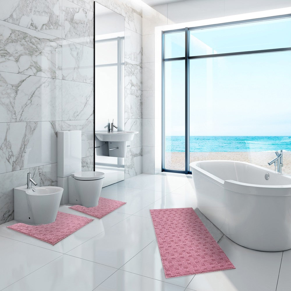Tappeto Bagno Morbido Assorbente Antiscivolo 3D Intrecciato Lavabile Set 3 Pezzi Rosa