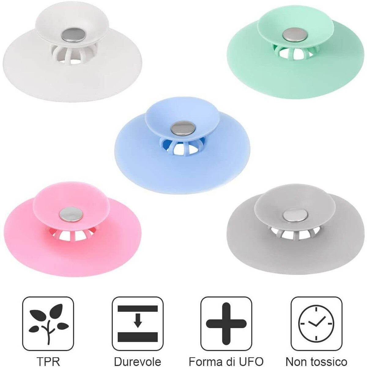 TAPPO DI SCARICO FILTRO PER CAPELLI RIFIUTI DOCCIA VASCA LAVANDINO IN SILICONE