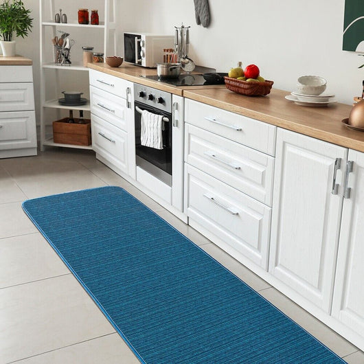 Tappeto Cucina Tinta Unita Striato 54x40 Cm Bordato Assorbente Passatoia Casa Antiscivolo Blu