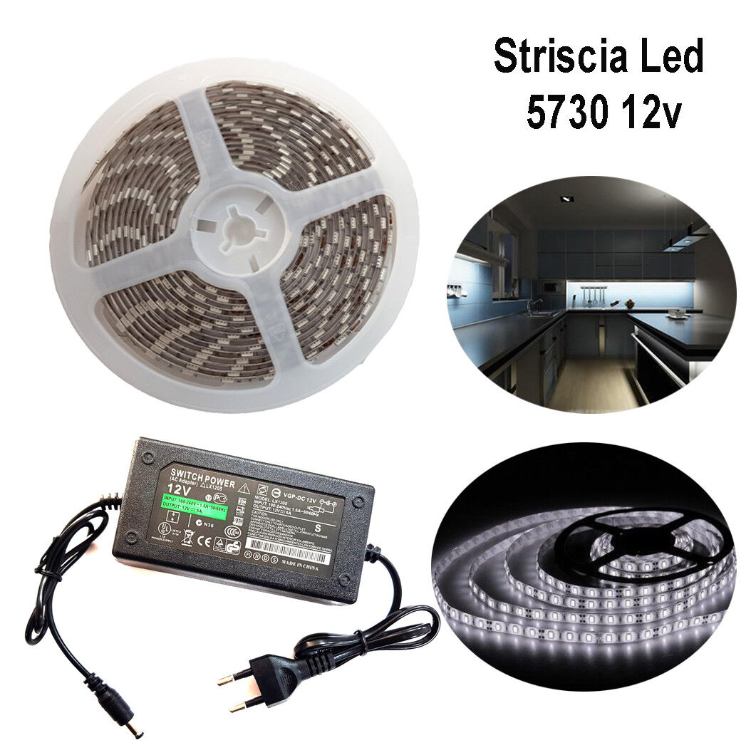 STRISCIA LED 5730 5M ADESIVA LUCE IP65 ALIMENTATORE 12V 5A BIANCO FREDDO 12W/M