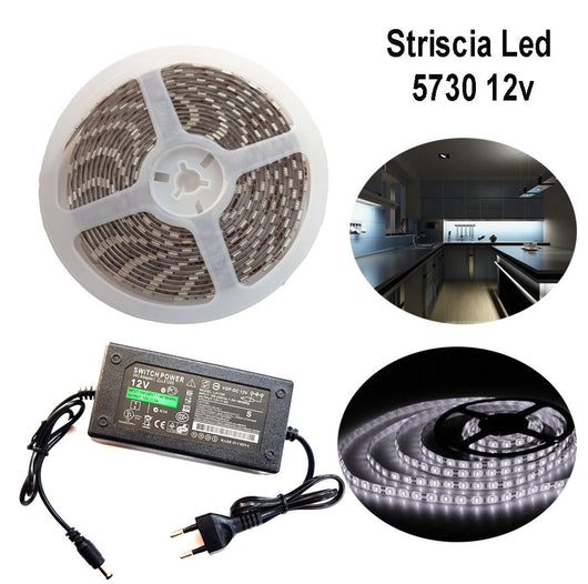 STRISCIA LED 5730 5M ADESIVA LUCE IP65 ALIMENTATORE 12V 5A BIANCO FREDDO 12W/M