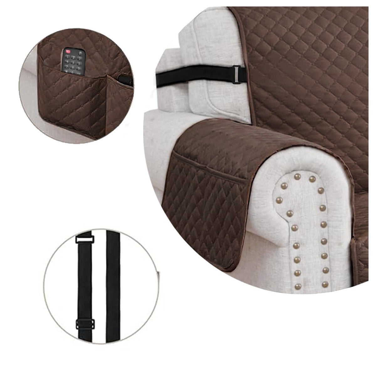Copridivano Impermeabile Tasche Laterali Proteggi Divano Antimacchia Antiscivolo 4 Posti Marrone