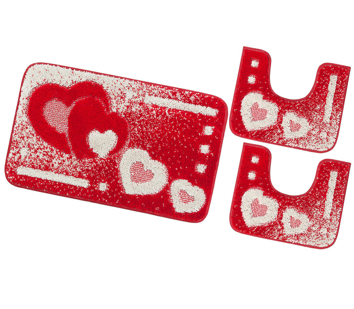 Tappeto Bagno Set 3 Pezzi Cuori Soffice Antiscivolo Assorbente Doccia Rosso