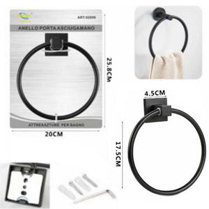 PORTA ASCIUGAMANI BAGNO PARETE ANELLO NERO SUPPORTO ARREDO BAGNO 02096