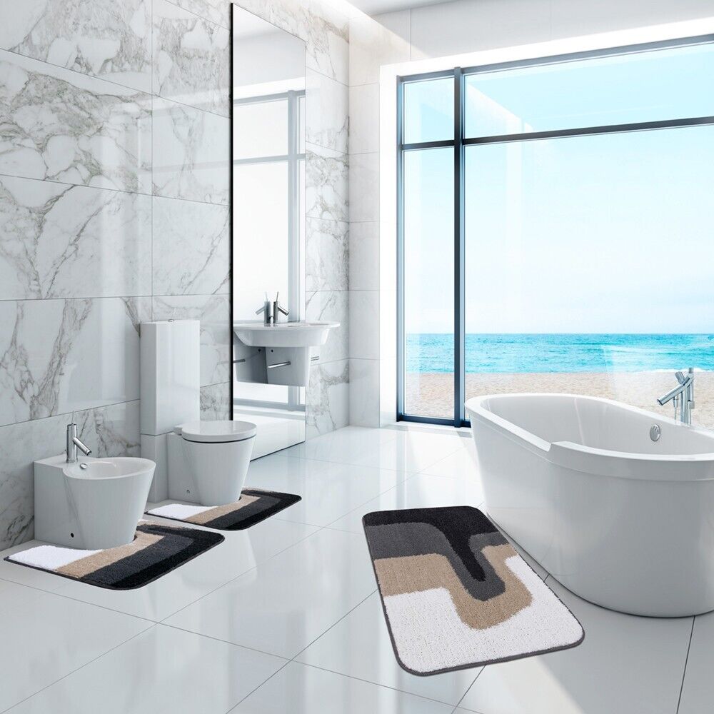 Tappeto Bagno Scendiletto Pelo Raso Morbido Assorbente Antiscivolo Lavabile Set 3 Pezzi Grigio