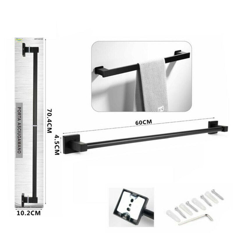 PORTA ASCIUGAMANI ASTA SUPPORTO 60CM BAGNO DA MURO ASCIUGA MANO CASA NERO 02109