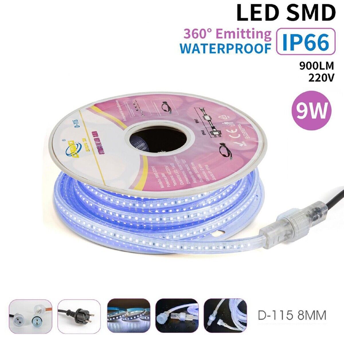 STRISCIA LED SMD 9W 10MT IP66 IMPERMEABILE LUCE BLU ESTERNO INTERNO