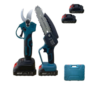 KIT 2 FORBICE A BATTERIA DA POTATURA E MOTOSEGA 6" VALIGIA CESOIA 48V 2 BATTERIE