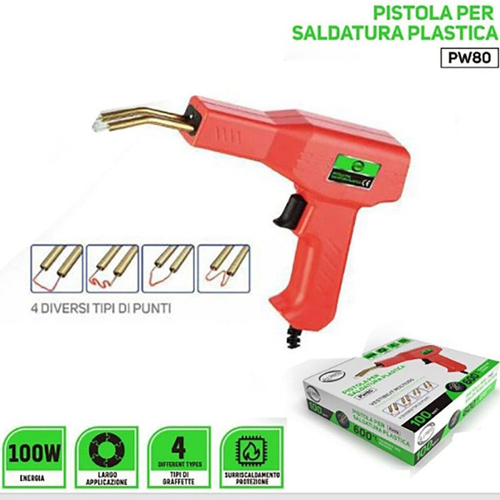 PISTOLA SALDATORE PLASTICA RIPARAZIONE PARAURTI AUTO 100W 4 TIPI DI PUNTE PW80