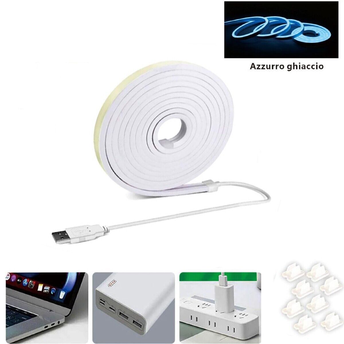 STRISCIA LED FLESSIBILE PER GANCI CON BINARIO SOFFITTO SCRITTA USB LUCE AZZURRO
