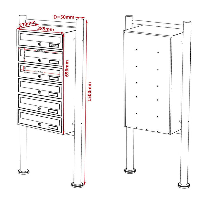 Blocco 6 cassette delle lettere su gambe 6 ingressi acciaio zincato 69,6 x 38,5 x 27 cm nero 16_0000047