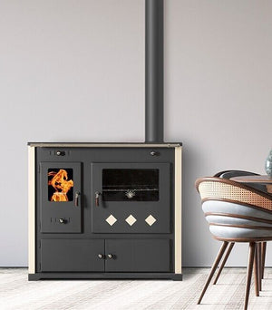 Stufa a legna Practik lux Eco, piastra superiore in ghisa canna fumaria destra