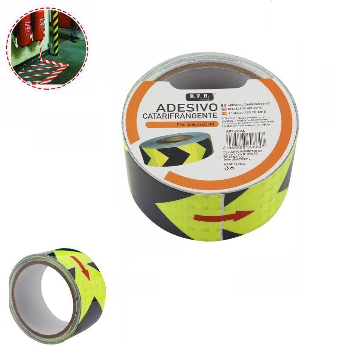 NASTRO ADESIVO RIFLETTENTE FRECCIA GIALLO NERO CATARIFRANGENTE ROTOLI 10MT 69864