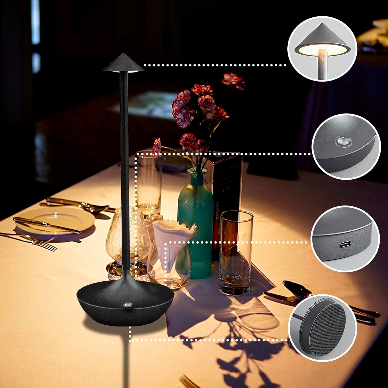 Lampada Touch Led Regolabile Abat Jour Moderna Comodino Tavolo Scrivania No Fili Ricarica Usb Nera