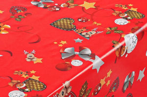 Tovaglia Cucina Natalizia Cerata Antimacchia Moderna Copritavolo Stelle Cuori Palline  -140x450 Cm