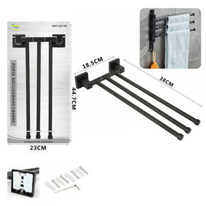 PORTA ASCIUGAMANI 3 ASTE SUPPORTO PER BAGNO DA MURO ASTA CASA NERO 02118