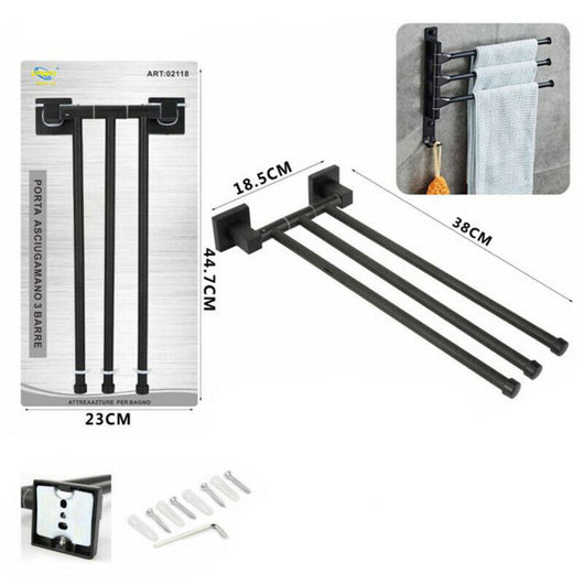 PORTA ASCIUGAMANI 3 ASTE SUPPORTO PER BAGNO DA MURO ASTA CASA NERO 02118