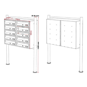Blocco 10 cassette postali base supporto 2x5 scomparti sovrapposti acciaio inox 16_0000024