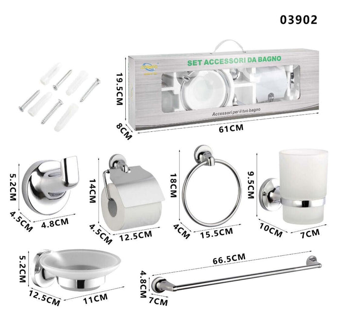 KIT COMPLETO 6 ACCESSORI BAGNO ASTA SAPONE WC GANCIO PORTA ASCIUGAMANO 03902
