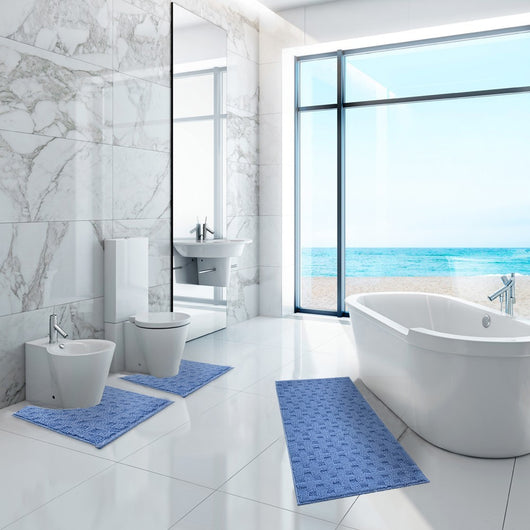 Tappeto Bagno Morbido Assorbente Antiscivolo 3D Intrecciato Lavabile Set 3 Pezzi Azzurro