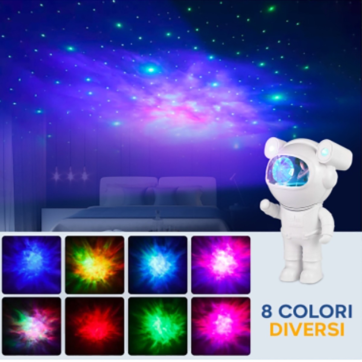 PROIETTORE ASTRONAUTA LUCE NOTTURNA SPEAKER BLUETOOTH CAMERETTA RGB TELECOMANDO